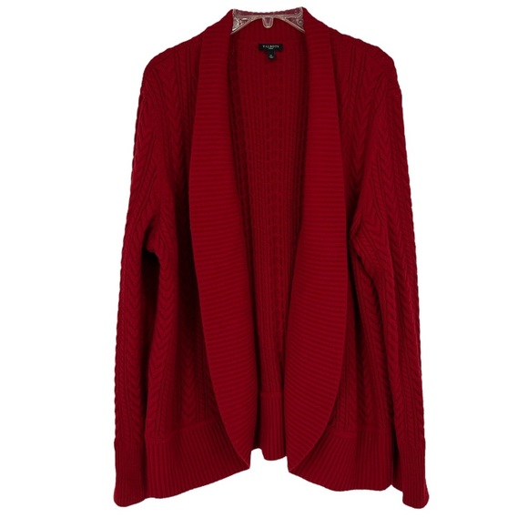 TALBOTS Cable knit Red open face SZ 1X Lambs wool blend fisherman cardigan - Picture 2 of 10